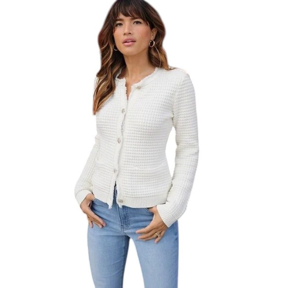 EXPRESS TEXTURED FRINGE BUTTON FRONT SWEATER CARD… - image 3